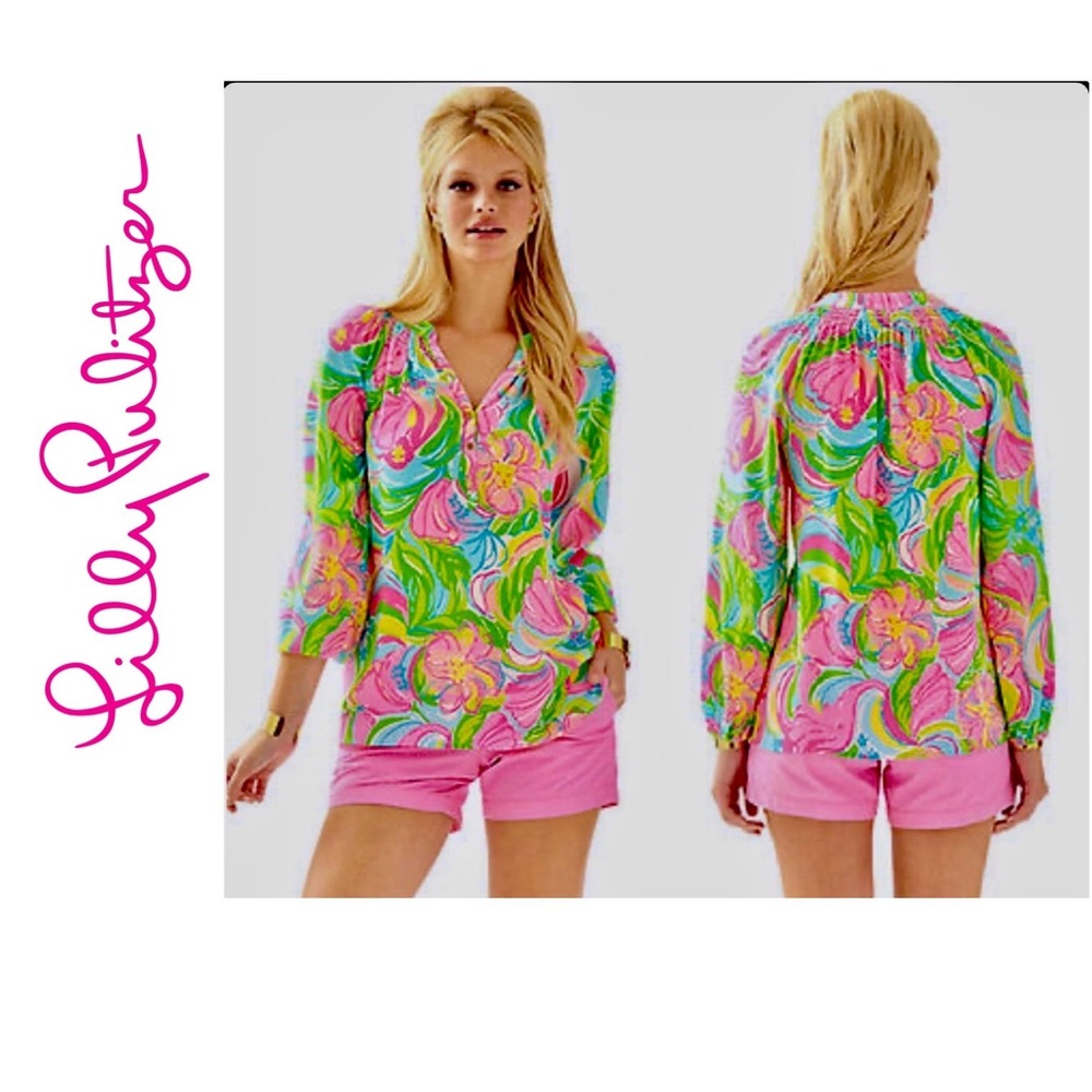 Lilly Pulitzer Elsa Top XXS Multi  Floral 100% Silk Long Sleeve Blouse Tropical